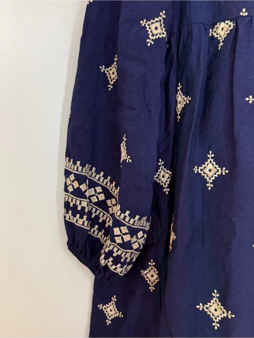 NWT Camellia Embroidered Boho Mini Dress - Size S Tassel Tie Neck- Navy - Picture 3 of 13